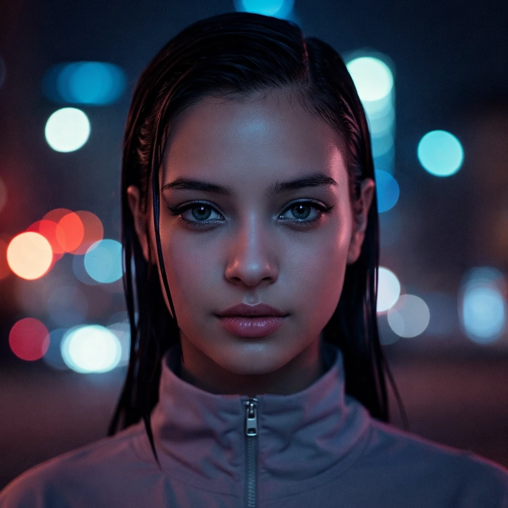 Cinematic close-up portrait of a young woman with sleek dark hair and colorful bokeh city lights behind her.